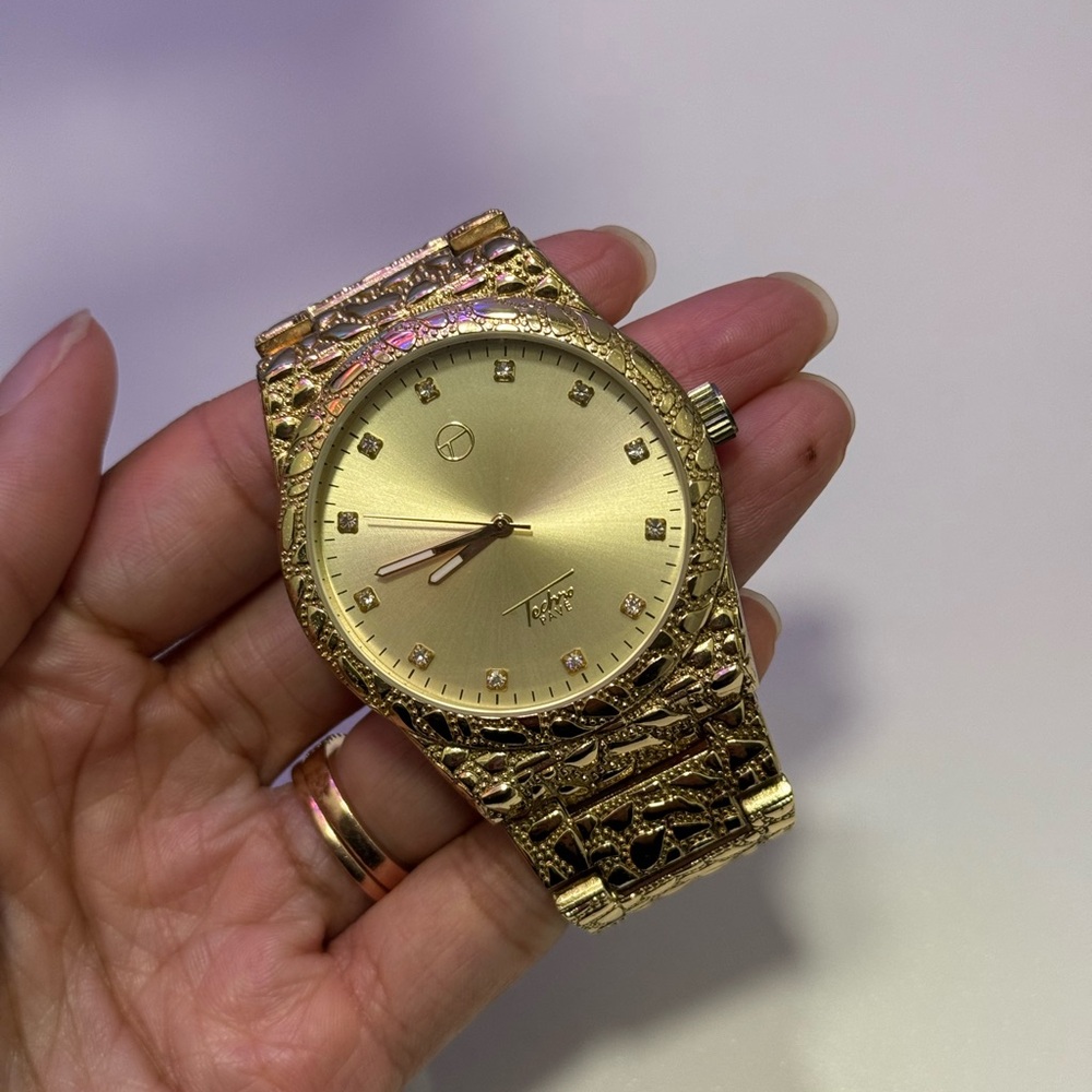 Gold Textured Watch with Crystal Accents - Picture 6 of 9